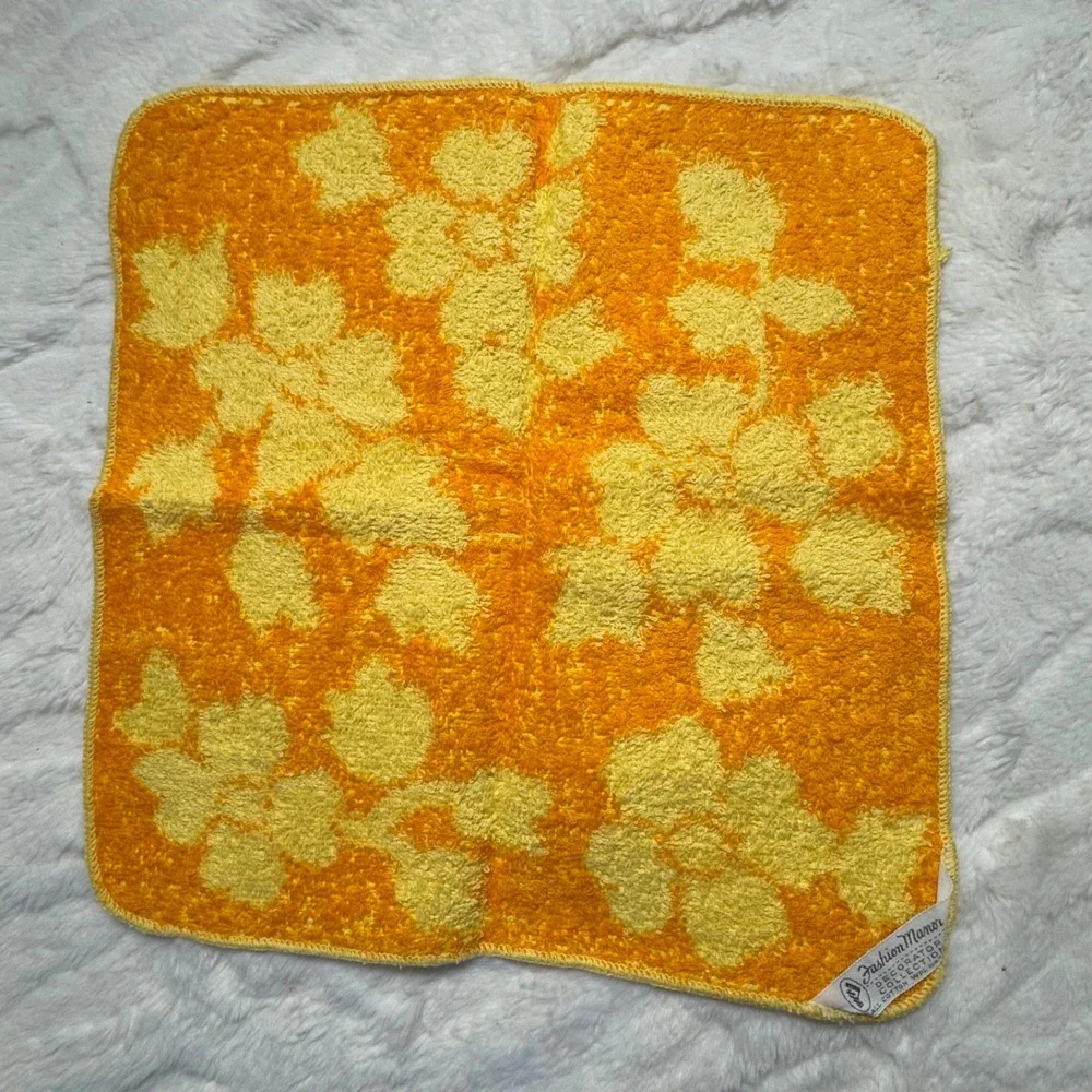 Vintage Fashion Manor Yellow Orange Floral Cotton Hand Towel Washcloth Set 70s